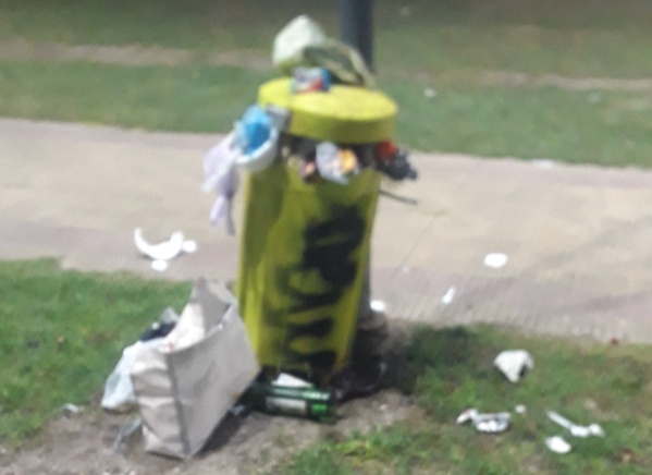 En Plaza España alertaron por el "colapso" de los tachos de basura