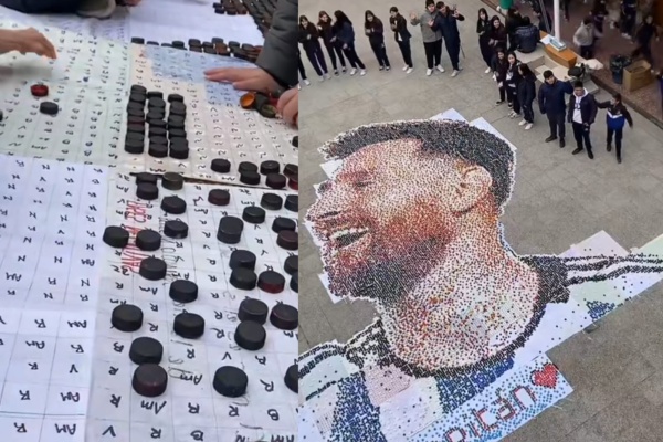 Alumnos de un colegio hicieron un impactante proyecto con tapitas para formar la figura de Lionel Messi con la Copa