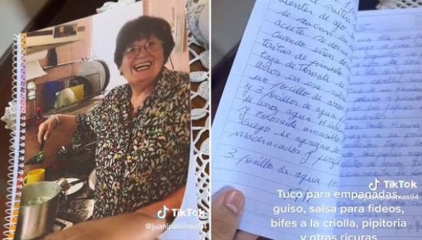 "Se me metió algo al ojo": furor por el tierno detalle de una abuela con su nieto al hacerle un cuaderno con sus recetas