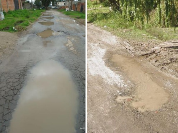 Los baches en una calle de Villa Elvira acumulan quejas por parte de automovilistas y peatones