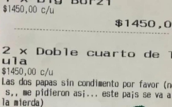 “Este país se va a la mi…”: el insultante comentario escrito en el ticket de una hamburguesería platense