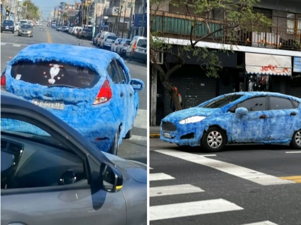 "Esto pasa en Argentina": Un auto cubierto en pelo azul sorprendió a todos paseándose por la Panamericana
