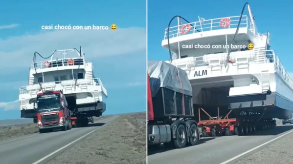 Insólito cruce en la Ruta 40: un auto se topó con un barco y tuvo que esquivarlo por la banquina
