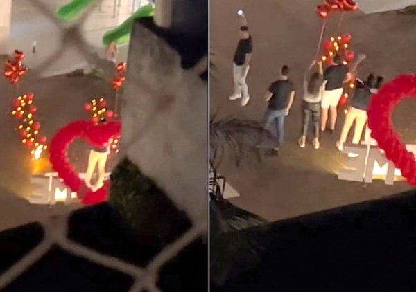 Pétalos de rosas y fuegos artificiales: le propuso casamiento a su novia, lo filmaron los vecinos y deslumbró a todos