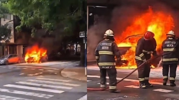 Así fue el incendio de un taxi en pleno centro platense que generó momentos de tensión