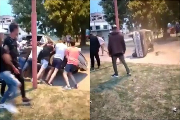 Un grupo de adolescentes volcó con sus manos un auto estacionado tras pelearse con su dueño en una fiesta