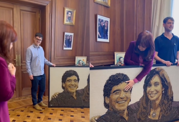 “Diego eterno”: Lucas y Gastón Castagneto visitaron a Cristina Kirchner y le regalaron un cuadro de una foto con Maradona