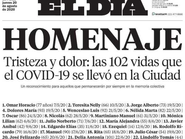 La Plata super&oacute; las 100 muertes por Coronavirus y el diario El D&iacute;a homenaje&oacute; a las v&iacute;ctimas en su tapa
