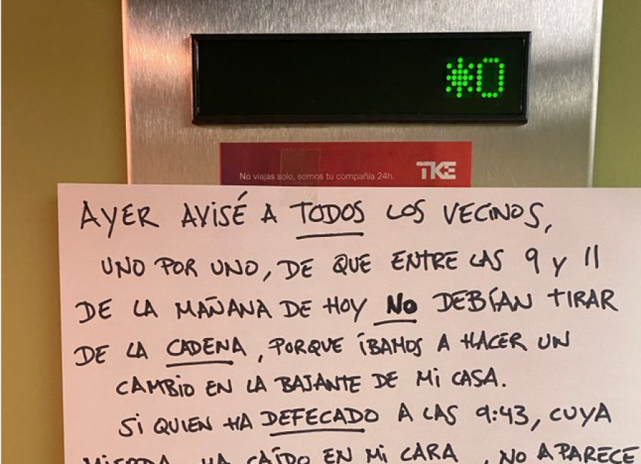 “Entre las 9 y las 11 no debían tirar de la cadena”: defecaron en su casa, se calentó y dejó un cartel que se volvió viral