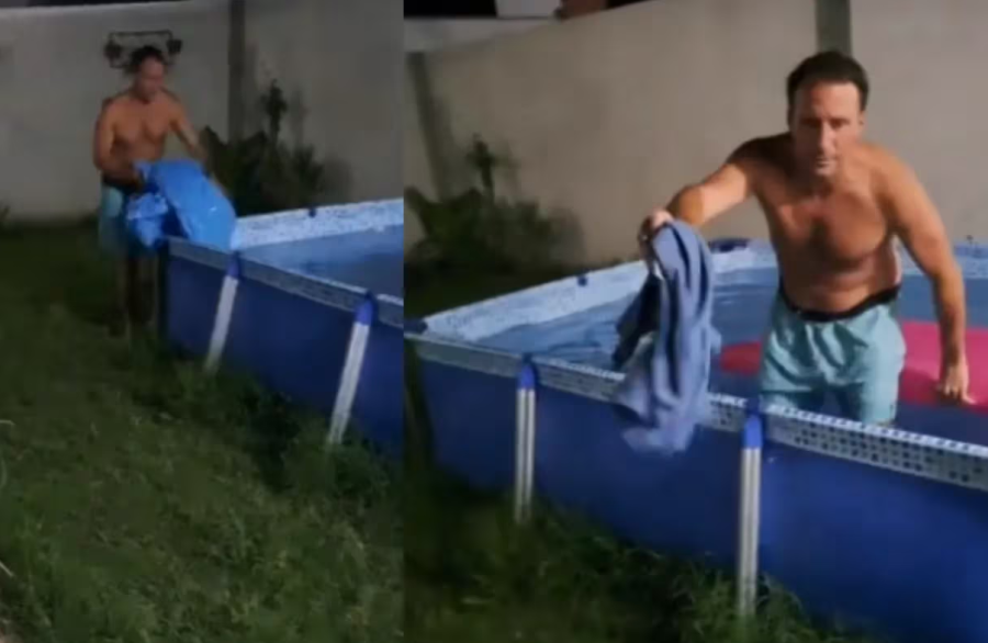 No podía dormir por el calor, y se hizo viral por la forma que encontró para acostarse en la pileta