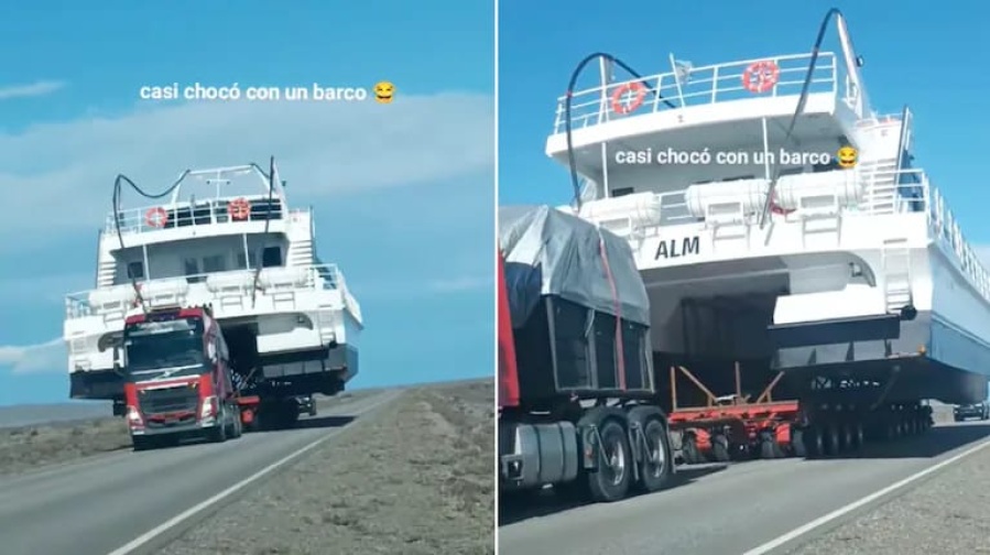 Insólito cruce en la Ruta 40: un auto se topó con un barco y tuvo que esquivarlo por la banquina