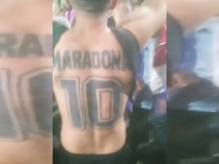 El impresionante tatuaje maradoniano de un platense que se llevó los flashes en la caravana: ”Nos guio desde arriba”