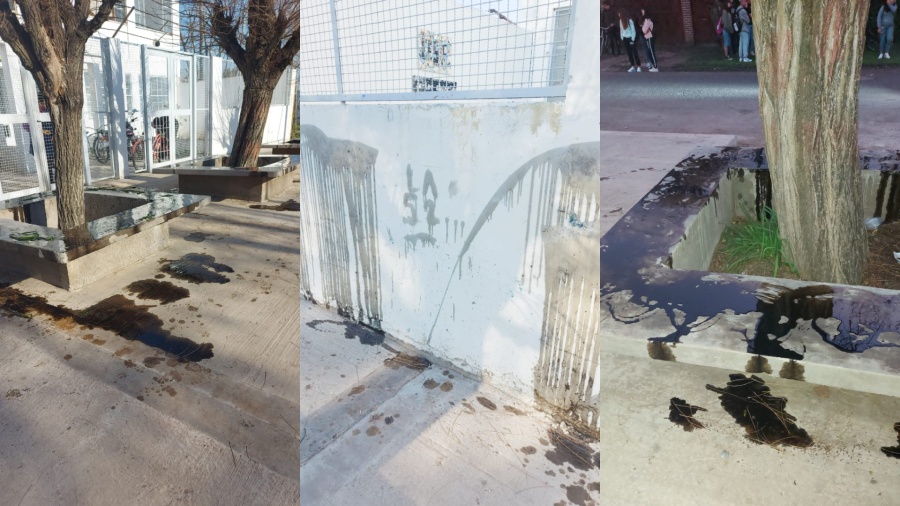 Vandalizaron la entrada de la Escuela Media N°9 de Lisandro Olmos: arrojaron aceite quemado en el establecimiento