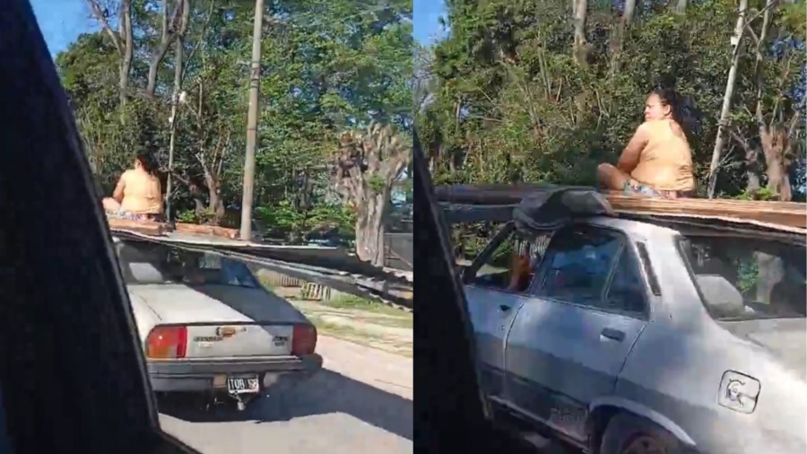 Insólito: Una mujer fue filmada viajando en el techo de un auto en La Plata