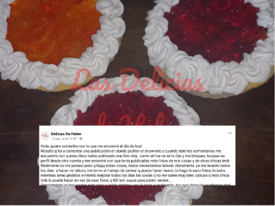 Una platense estaba en Facebook y se encontró con una publicación donde usaban fotos de su tortas: ”se lo dije y me bloqueó”