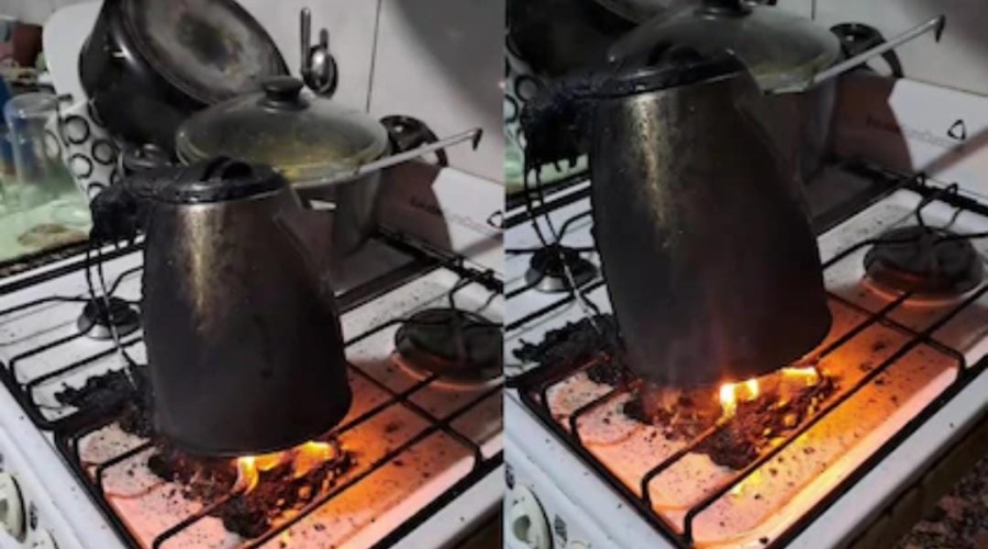 Se distrajo, puso la pava eléctrica en la hornalla y el resultado fue un desastre