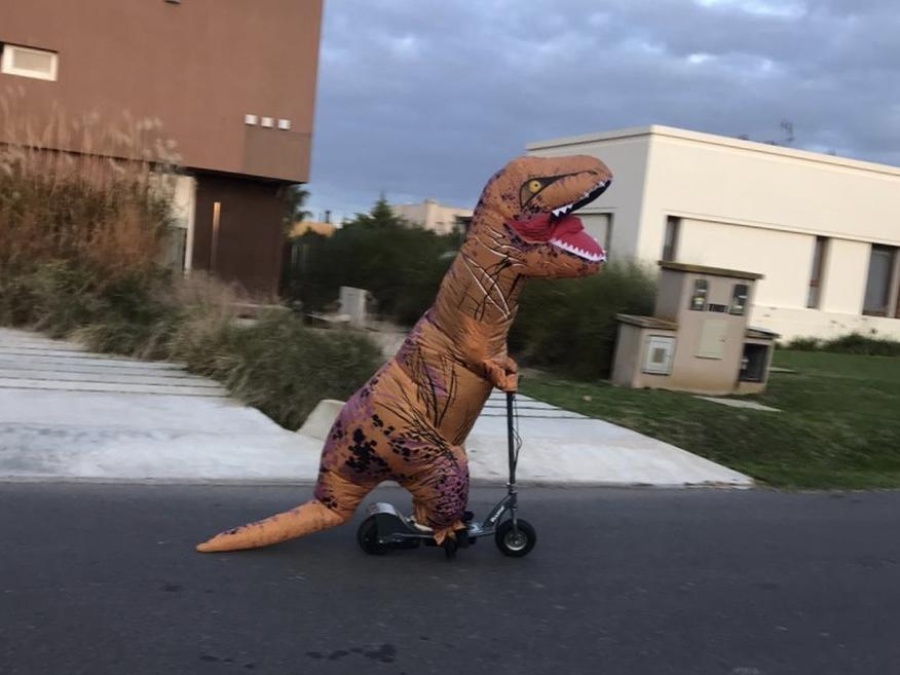 Un platense harto de la cuarentena, salió vestido de dinosaurio