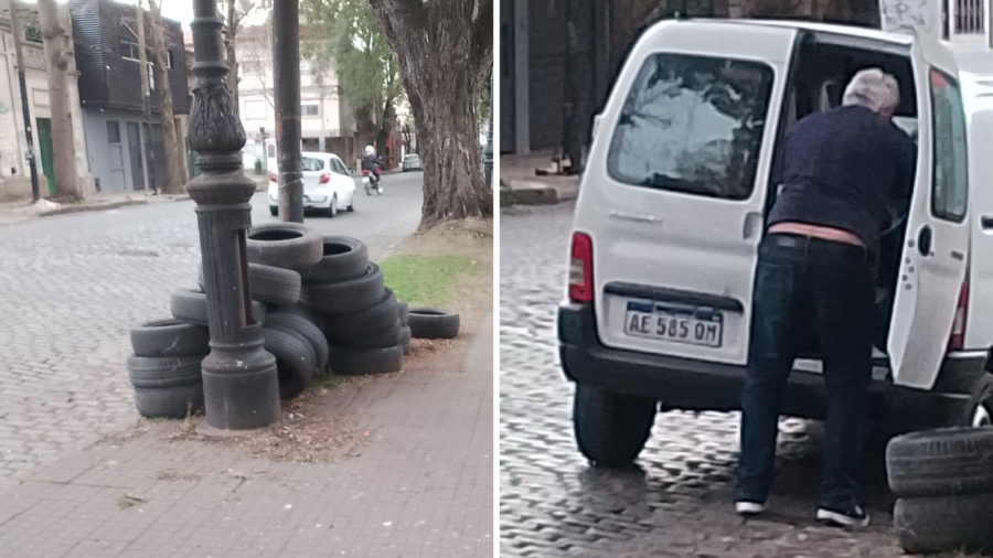 Indignación en La Plata: denuncian que un hombre arroja neumáticos y residuos una y otra vez en plena vereda