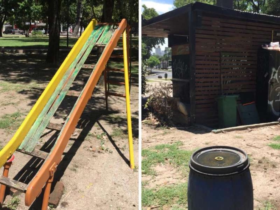 Denuncian ratas en puesto de comidas abandonado y juegos rotos en la plaza de 19 y 60