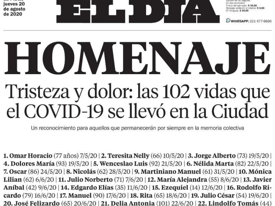 La Plata superó las 100 muertes por Coronavirus y el diario El Día homenajeó a las víctimas en su tapa