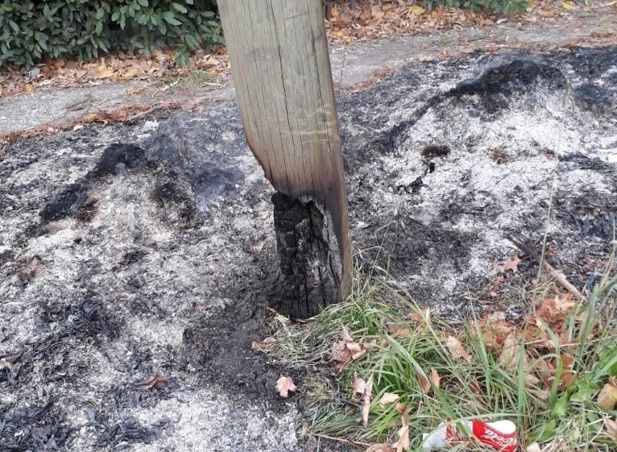 Vecinos alertan por la quema de hojas en City Bell que dañó peligrosamente a un poste de luz