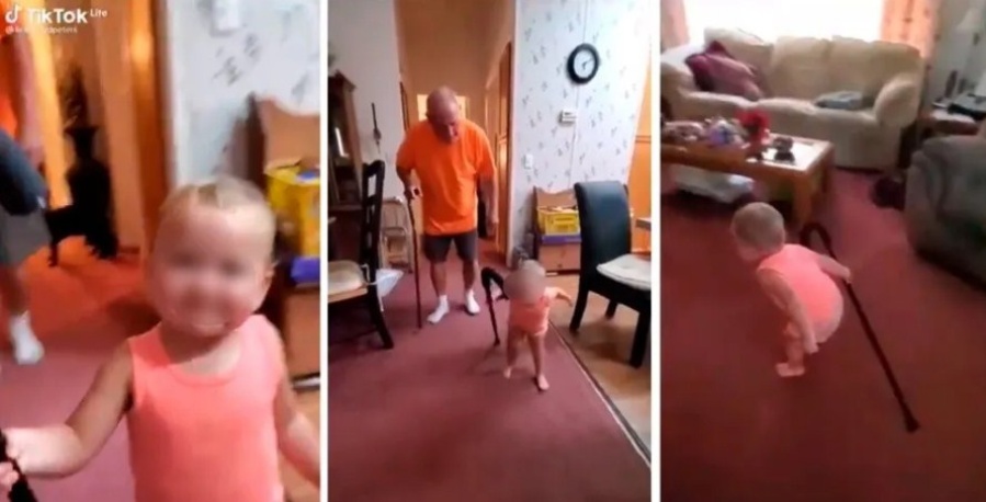 Bebé imita a su abuelo con bastón y se vuelve viral